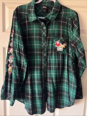 Disney Green & Black Plaid Flannel Christmas Shirt with Characters